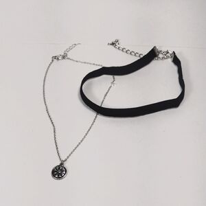 Set of 2 Black Velvet Choker & Sunshine Crystal Pendant Silver tone Necklace